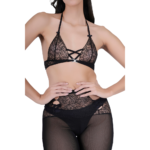 Close-up of women’s black lace garter belt lingerie set showing mesh and lace detailing on bra and waistband