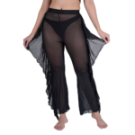 Close-up of women’s black sheer mesh ruffle pants from 3-piece halter neck bikini set, stylish beachwear detail