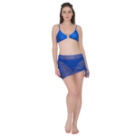 Front view of woman wearing blue 3 piece bikini set with sheer wrap skirt, stylish beachwear for summer