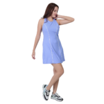 Woman posing in blue tennis dress stylish athletic sportswear for tennis workout and outdoor activities