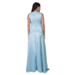 Back view of woman wearing blue deep V-neck maxi evening dress elegant long party gown