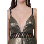 Close-up of gold shiny deep V-neck evening gown showing neckline and waist design detail