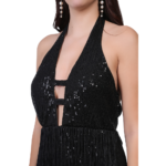 close up of plus size black sequin halter dress with fringe detailing party wear for women