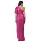 back view of hot pink one shoulder sequin floor length bodycon dress for women with elegant party style