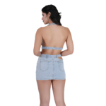 back view of women wearing light blue denim co ord set crop top and mini skirt stylish two piece outfit