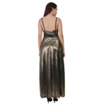 Back view of woman wearing gold shiny deep V-neck sleeveless evening gown long party dress