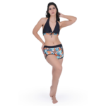 Front view of women’s black halter bikini set with tropical floral printed high-waist shorts, stylish summer beachwear
