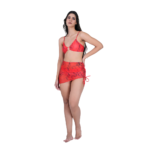 Front view of woman wearing red 3 piece bikini set with sheer wrap skirt, stylish summer beachwear