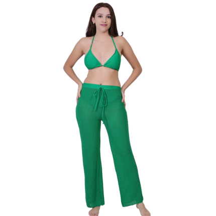 Women wearing green 3 piece bikini set with beach pants stylish swimwear for beach and pool