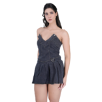 Sexy V-neck Pleated Denim dress for Women - Image 2