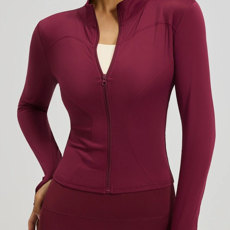 Women Zip Up Workout Jacket Stand Collar Thumb Holes Long Sleeve Slim Cropped Sports Top For Gym Yoga Running