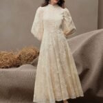 Women’s Floral Lace Maxi Dress with Puff Sleeves