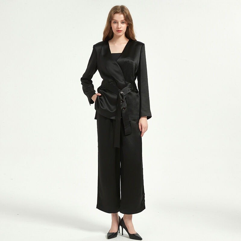 Women Black V-Neck Acetate Satin Suit Blouse and pants suit set