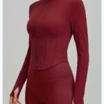 Women Cropped Workout Jacket Stand Collar Full Zip Corset Seam Design Long Sleeve Thumb Holes Stretchy Athletic Top Gym Running