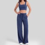 Women Premium Soft 2-Piece Athleisure Set Square Neck Crop Sports Bra + High Waist Drawstring Wide Leg Lounge Pants