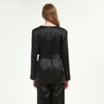Women Black V-Neck Acetate Satin Suit Blouse and pants suit set
