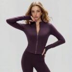 Women Zip Up Workout Jacket Stand Collar Thumb Holes Long Sleeve Slim Sports Top For Gym Yoga Running Training