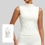 Women Stand Collar Sleeveless Workout Vest Full Zip Front Stretchy Seamed Slim Fit Cropped Tank Top for Gym Running Yoga