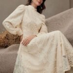 Women’s Floral Lace Maxi Dress with Puff Sleeves