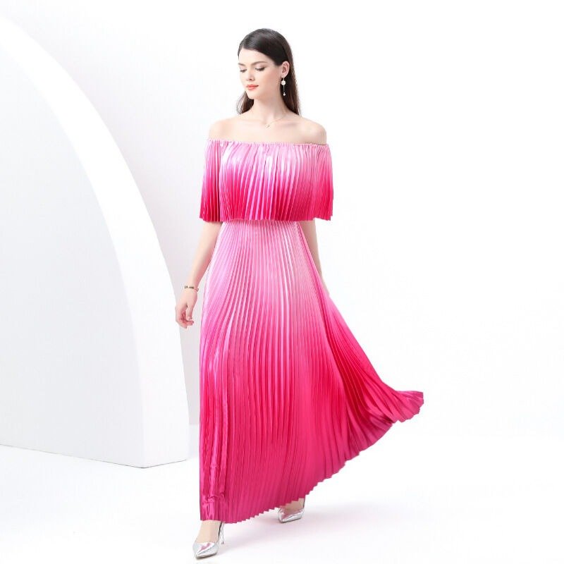 Women's dress One-shoulder pleated ruffle floral long dress