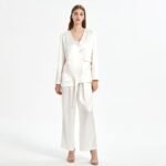 Women Black V-Neck Acetate Satin Suit Blouse and pants suit set