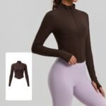 Women Cropped Workout Jacket Stand Collar Full Zip Corset Seam Design Long Sleeve Thumb Holes Stretchy Athletic Top Gym Running