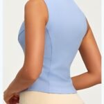 Women Stand Collar Sleeveless Workout Vest Full Zip Front Stretchy Seamed Slim Fit Cropped Tank Top for Gym Running Yoga