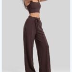 Women Premium Soft 2-Piece Athleisure Set Square Neck Crop Sports Bra + High Waist Drawstring Wide Leg Lounge Pants