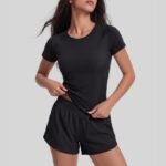 Women Breathable Mesh 2-Piece Athletic Set Quick Dry Round Neck Short Sleeve Top & Loose Running Shorts