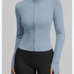 Women Zip Up Workout Jacket Stand Collar Thumb Holes Long Sleeve Slim Cropped Sports Top For Gym Yoga Running