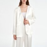 Women Black V-Neck Acetate Satin Suit Blouse and pants suit set