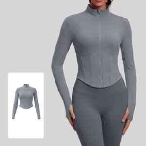Women Cropped Workout Jacket Stand Collar Full Zip Corset Seam Design Long Sleeve Thumb Holes Stretchy Athletic Top Gym Running