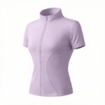 Women Full Zip Short Sleeve Yoga Jacket Stand Collar Quick Dry Slim Fit Cropped Athletic Top