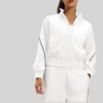 Women Fleece Lined Warm Yoga Jacket Full Zip Stand Collar Side White Stripe Long Sleeve Cropped Athletic Top