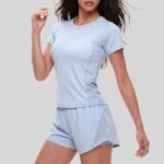 Women Breathable Mesh 2-Piece Athletic Set Quick Dry Round Neck Short Sleeve Top & Loose Running Shorts