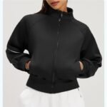 Women Fleece Lined Warm Yoga Jacket Full Zip Stand Collar Side White Stripe Long Sleeve Cropped Athletic Top