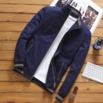 Men's Autumn Bomber Jacket Thick Fleece Warm Windbreaker with Stand Collar and Patchwork Pattern Casual Outwear