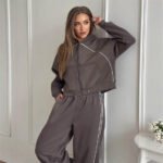 Women’s Solid Stand-Collar Hoodie & Shorts Sports Set