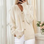 Women’s V-Neck Jacquard Knit Button-Front Cardigan