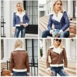 Women’s Fleece-Lined PU Leather Motorcycle Winter Jacket