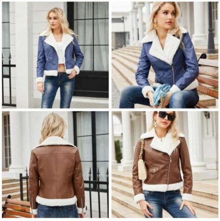 Women’s Fleece-Lined PU Leather Motorcycle Winter Jacket