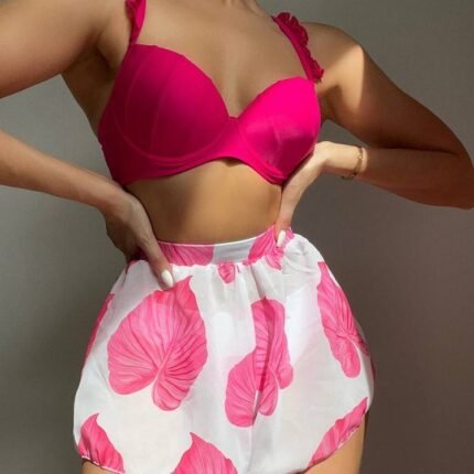 Women’s 3-Piece Printed High-Waist Bikini Set with Cover-Up