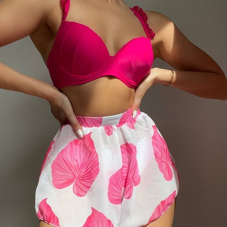Women’s 3-Piece Printed High-Waist Bikini Set with Cover-Up