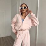 Women’s Solid Stand-Collar Hoodie & Shorts Sports Set