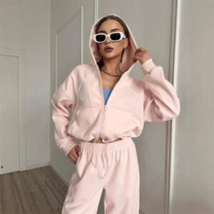 Women’s Solid Stand-Collar Hoodie & Shorts Sports Set