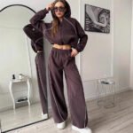 Women’s Solid Stand-Collar Hoodie & Shorts Sports Set