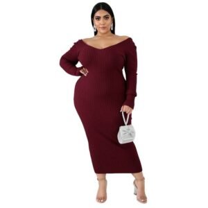 Women’s Solid V-Neck Ribbed Knit Maxi Dress