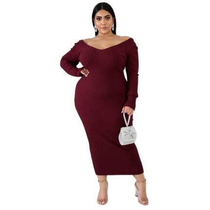 Women’s Solid V-Neck Ribbed Knit Maxi Dress