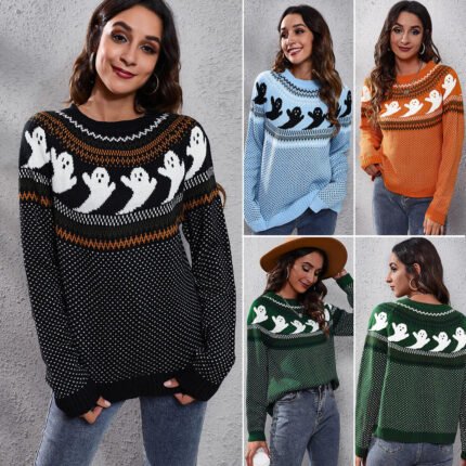 Women’s Halloween Print Long-Sleeve Knit Pullover Sweater