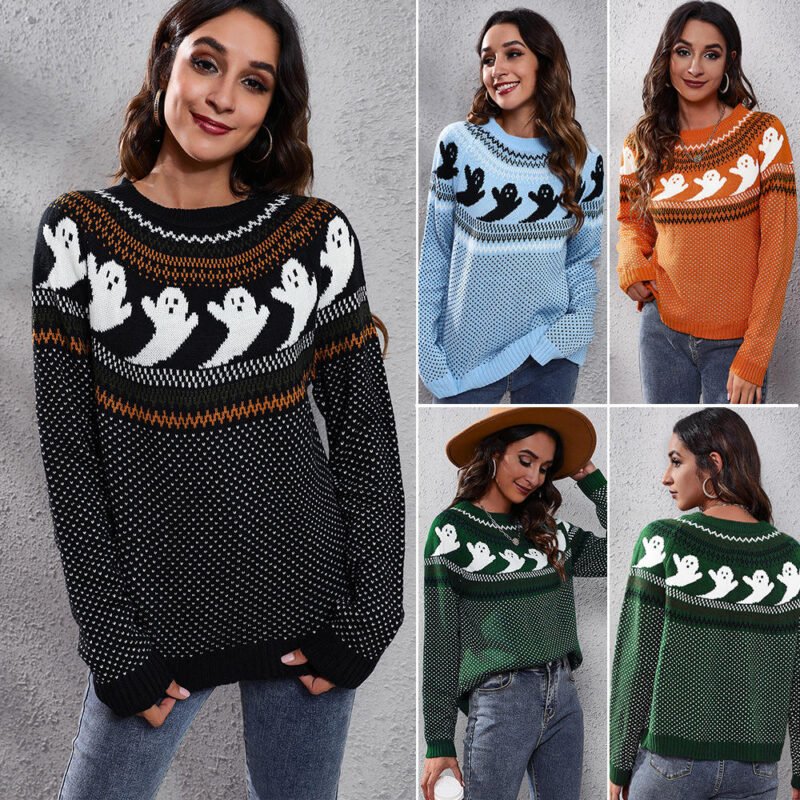 Women’s Halloween Print Long-Sleeve Knit Pullover Sweater